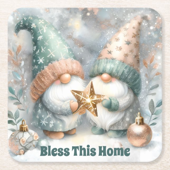 Posavasos Cuadrado De Papel Winter Holiday Personalized Gnome Bless This Home (Anverso)
