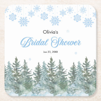 Posavasos Cuadrado De Papel Winter Pine Trees Snowflakes Bridal Shower 