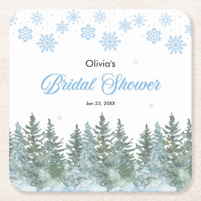 Posavasos Cuadrado De Papel Winter Pine Trees Snowflakes Bridal Shower  (Anverso)