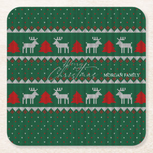 Posavasos Cuadrado De Papel Winter Wonderland,Reindeer Pine Tree Green