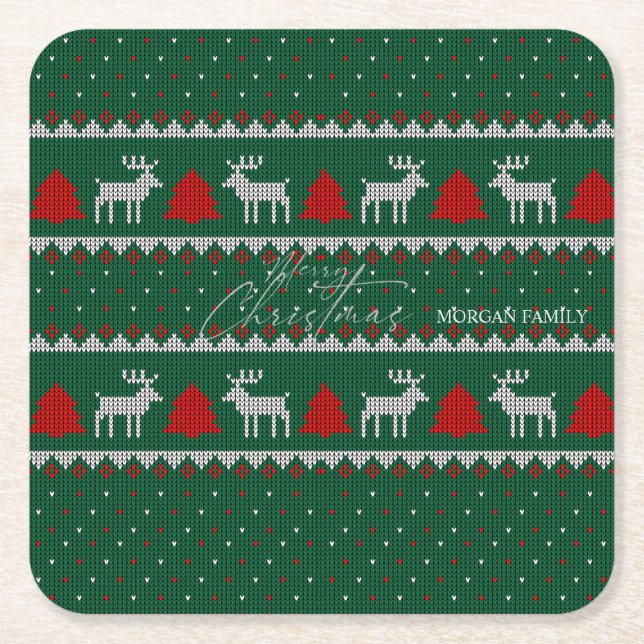 Posavasos Cuadrado De Papel Winter Wonderland,Reindeer Pine Tree Green (Anverso)
