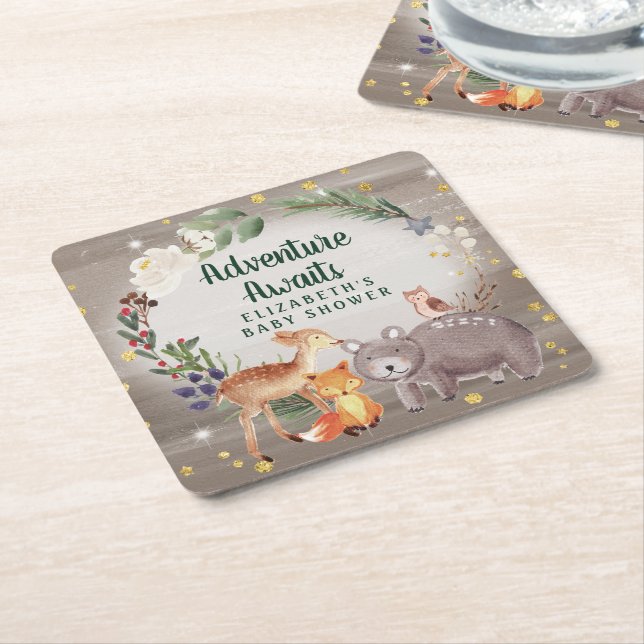 Posavasos Cuadrado De Papel Winter Woodland Animals Baby Shower (En perspectiva)