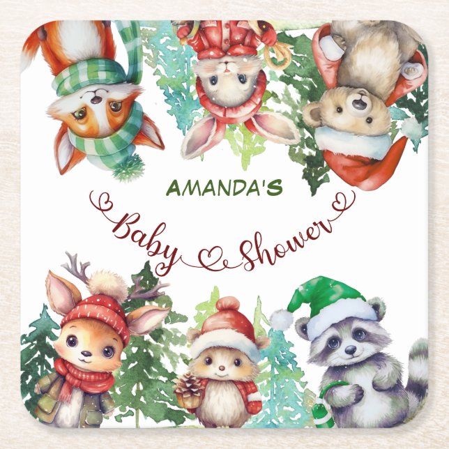 Posavasos Cuadrado De Papel Winter Woodland Animals Baby Shower (Anverso)