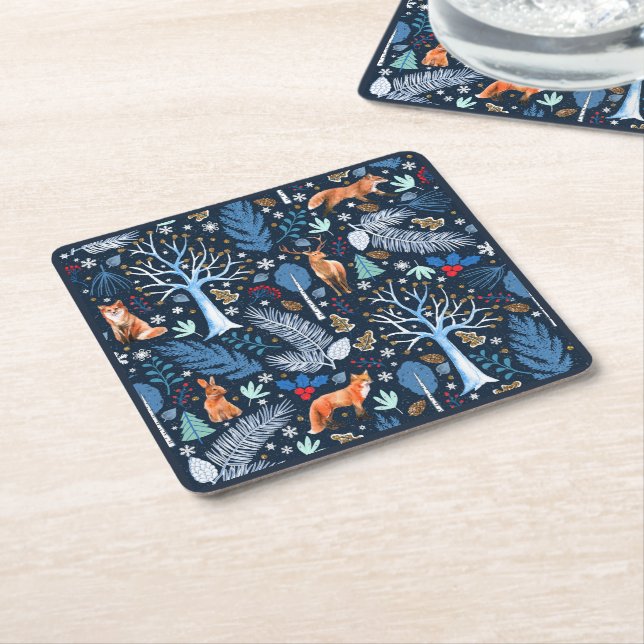 Posavasos Cuadrado De Papel Winter Woodland Blue/Gold ID785 (En perspectiva)