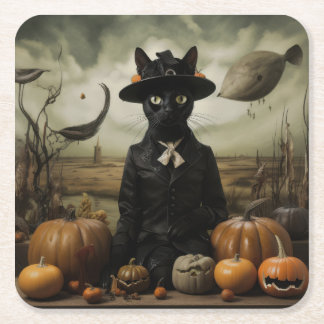 Posavasos Cuadrado De Papel Witch Cat with Pumpkins 