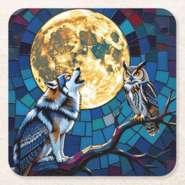 Posavasos Cuadrado De Papel  Wolf and Owl Mosaic Art