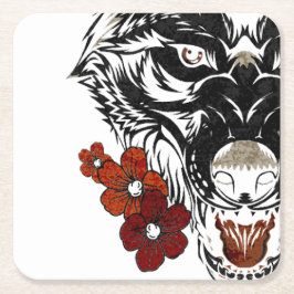 Posavasos Cuadrado De Papel Wolf Flower Tatoo Vintage
