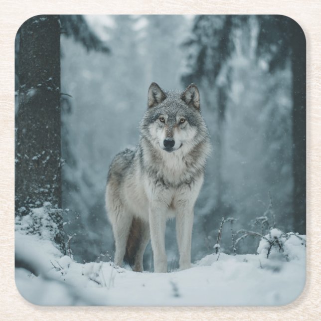 Posavasos Cuadrado De Papel Wolf in Winter (Anverso)