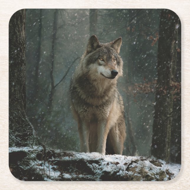 Posavasos Cuadrado De Papel Wolf in Winter (Anverso)