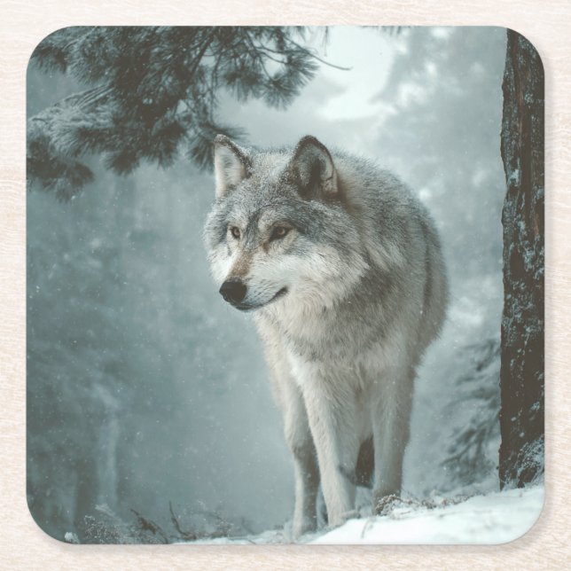 Posavasos Cuadrado De Papel Wolf in Winter (Anverso)