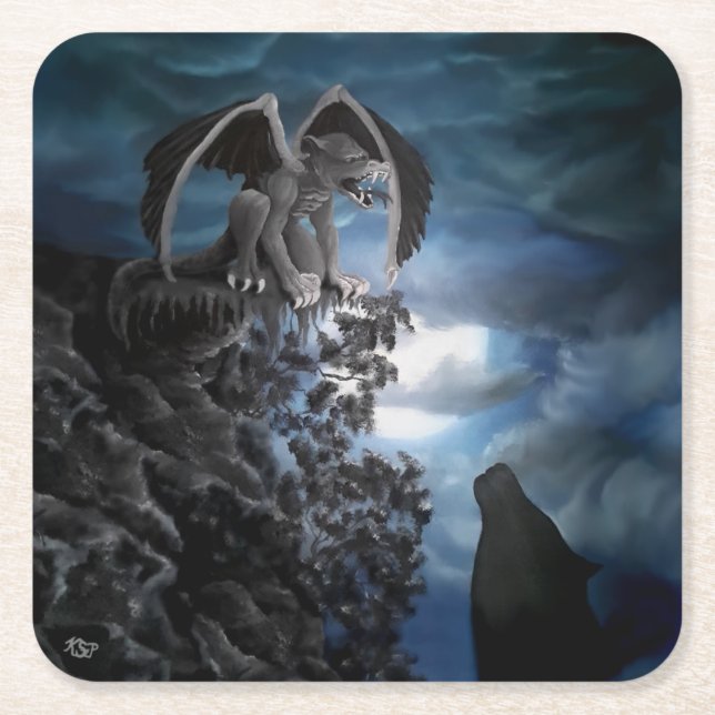 Posavasos Cuadrado De Papel Wolf Moon - Wolf con Golem (Anverso)