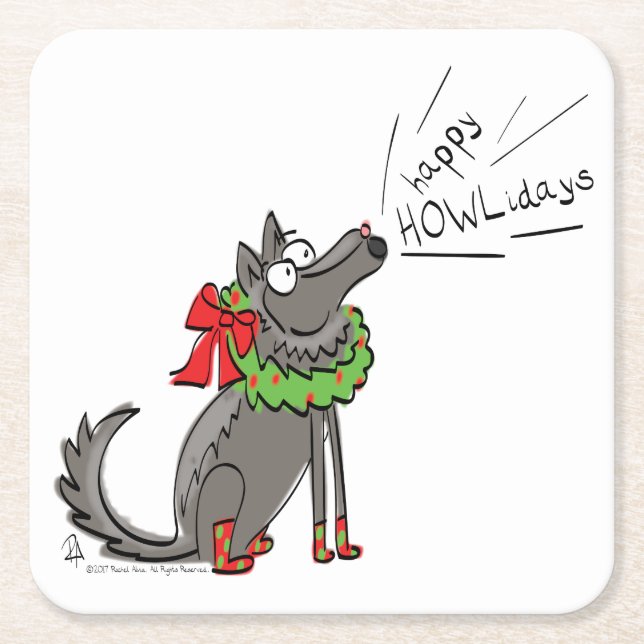 Posavasos Cuadrado De Papel Wolf Navidades Happy Howlidays Funny (Anverso)