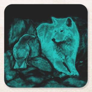 Posavasos Cuadrado De Papel Wolf y Raven en la noche