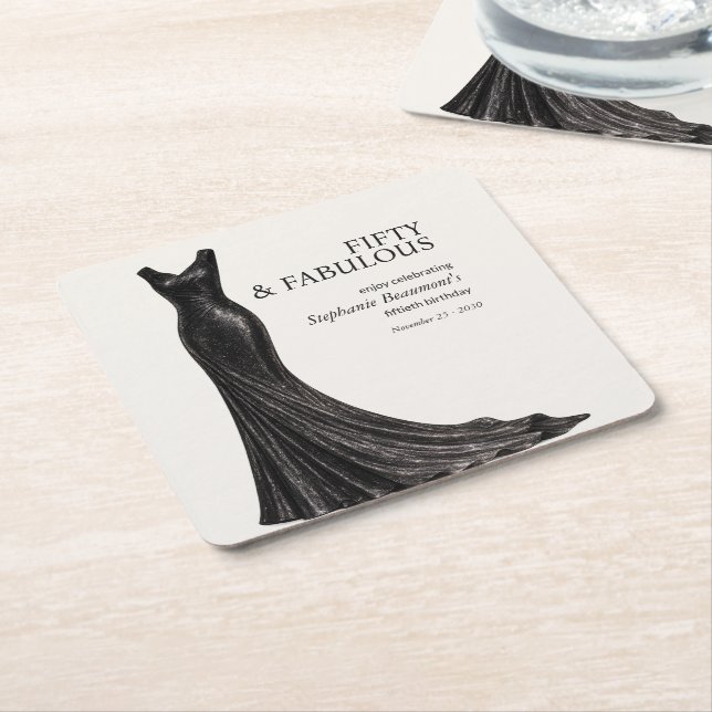 Posavasos Cuadrado De Papel Woman Elegant Fabulous Black Dress 50th Birthday (En perspectiva)