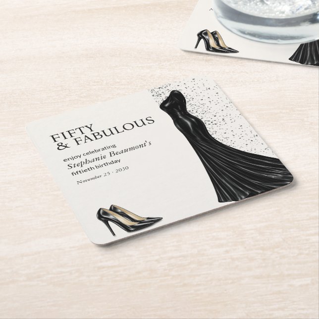 Posavasos Cuadrado De Papel Woman Elegant Fabulous Black Dress 50th Birthday (En perspectiva)