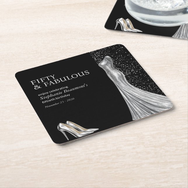 Posavasos Cuadrado De Papel Woman Elegant Fabulous Silver Dress 50th Birthday (En perspectiva)
