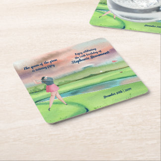 Posavasos Cuadrado De Papel Woman Golf Player Swinging Fifties 50th Birthday