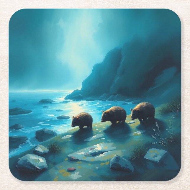 Posavasos Cuadrado De Papel Wombats del Día Azul (Anverso)