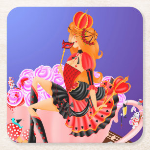 Posavasos Cuadrado De Papel Wonderland Art - Reina Roja en taza de té