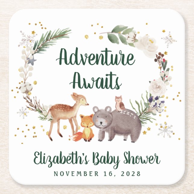Posavasos Cuadrado De Papel Woodland Animals Winter Baby Shower (Anverso)