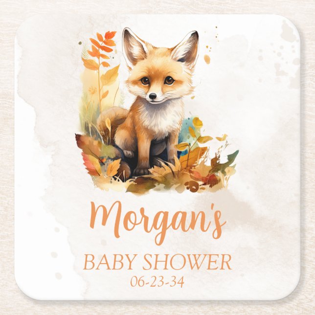 Posavasos Cuadrado De Papel Woodland Fox Cute Baby Shower (Anverso)