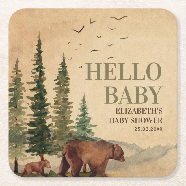 Posavasos Cuadrado De Papel Woodland Mama Bear & Cub Baby Shower (Anverso)