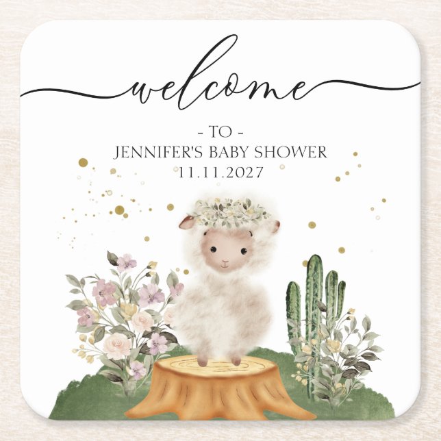 Posavasos Cuadrado De Papel Woodland Sheep Girl Boy Baby Shower (Anverso)