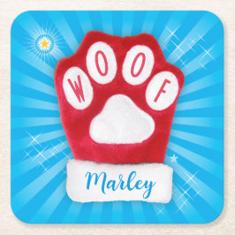 Posavasos Cuadrado De Papel WOOF Personalizar Dog's Name Navidades rojos Santa