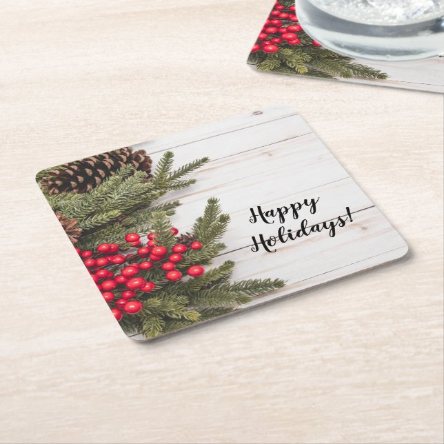Posavasos Cuadrado De Papel Wreath and Holly Holiday Collection (En perspectiva)