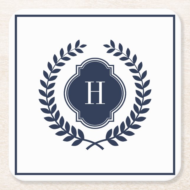 Posavasos Cuadrado De Papel Wreath Monogramada Escudo Azul-Marina (Anverso)