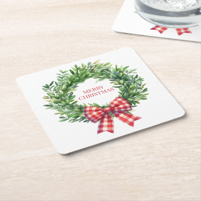 Posavasos Cuadrado De Papel Wreath Verde De Acuarela Con Bow Rojo De Gingham (En perspectiva)