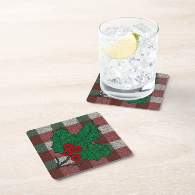 Posavasos Cuadrado De Papel Xmas Gingham de los años 1940 (In situ)