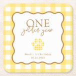 Posavasos Cuadrado De Papel Yellow Gingham One Golden Year First Birthday<br><div class="desc">Keep drips in check while staying on theme with this gingham One Golden Year coaster. The scalloped frame and paw print detail match your golden retriever first birthday décor, and there’s space to add your little one's name and party date: an easy way to tie every table setting back to...</div>