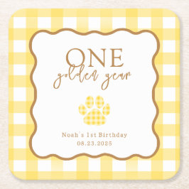 Posavasos Cuadrado De Papel Yellow Gingham One Golden Year First Birthday