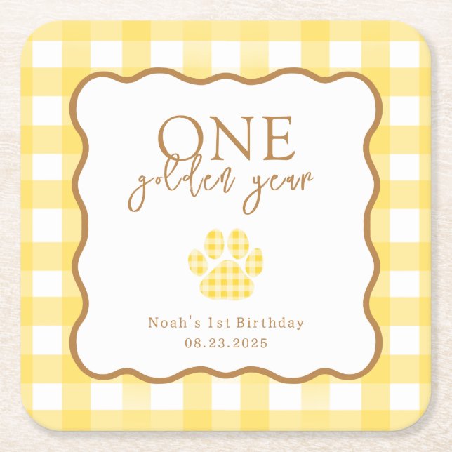 Posavasos Cuadrado De Papel Yellow Gingham One Golden Year First Birthday (Anverso)