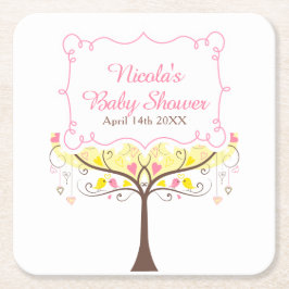 Posavasos Cuadrado De Papel Yellow Pink Floral Bird Baby Shower 