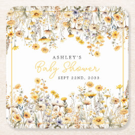 Posavasos Cuadrado De Papel Yellow Wildflower Boho Watercolor Baby Shower