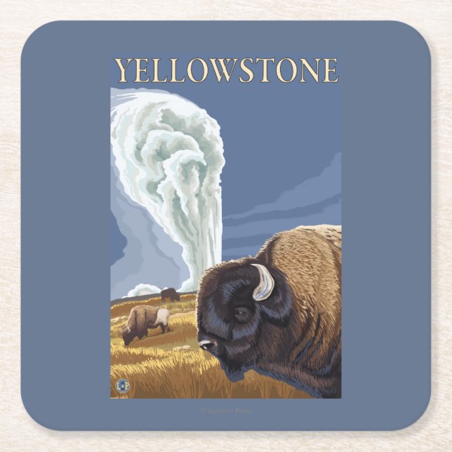Posavasos Cuadrado De Papel YellowstoneBison con fiel viejo (Anverso)