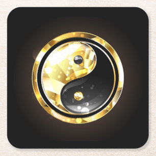 Posavasos Cuadrado De Papel Yin Yang dorado en negro