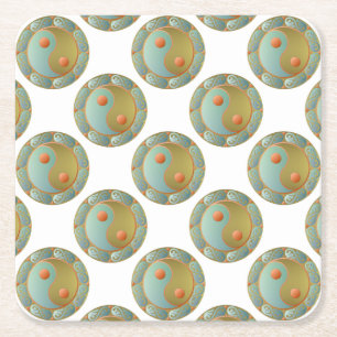 Posavasos Cuadrado De Papel Yin Yang Medallion Gold Turquoise