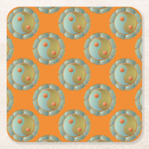 Posavasos Cuadrado De Papel Yin Yang Medallion Gold Turquoise