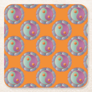 Posavasos Cuadrado De Papel Yin Yang Medallion Violet Turquoise