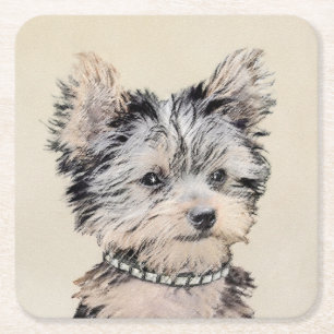 Posavasos Cuadrado De Papel Yorkshire Terrier Puppy Pintando Arte Original De 