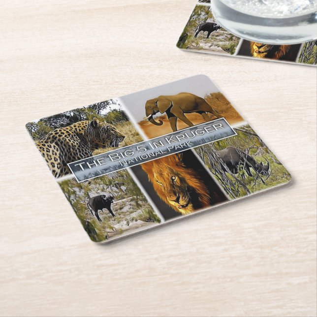 POSAVASOS CUADRADO DE PAPEL ZA * SUDÁFRICA - LOS 5 GRANDES EN KRUGER N. P. (En perspectiva)