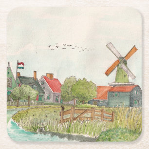 Posavasos Cuadrado De Papel Zaanse Schans Zaandam Países Bajos Watercolor Post