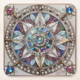 Posavasos Cuadrado De Papel Zafiros Rosas y Azules Diamantes Perlas Mandala