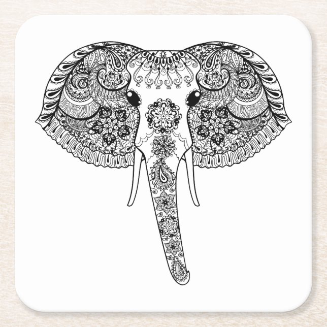 Posavasos Cuadrado De Papel Zentangle inspiró el elefante indio (Anverso)