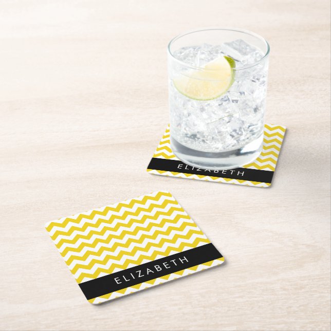 Posavasos Cuadrado De Papel Zigzag Amarillo, Chevron Amarillo, Tu Nombre (In situ)