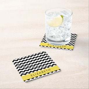 Posavasos Cuadrado De Papel Zigzag negro y blanco, patrón de cheurón, nombre