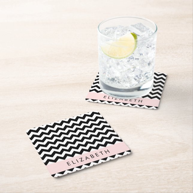 Posavasos Cuadrado De Papel Zigzag negro y blanco, patrón de cheurón, nombre (In situ)